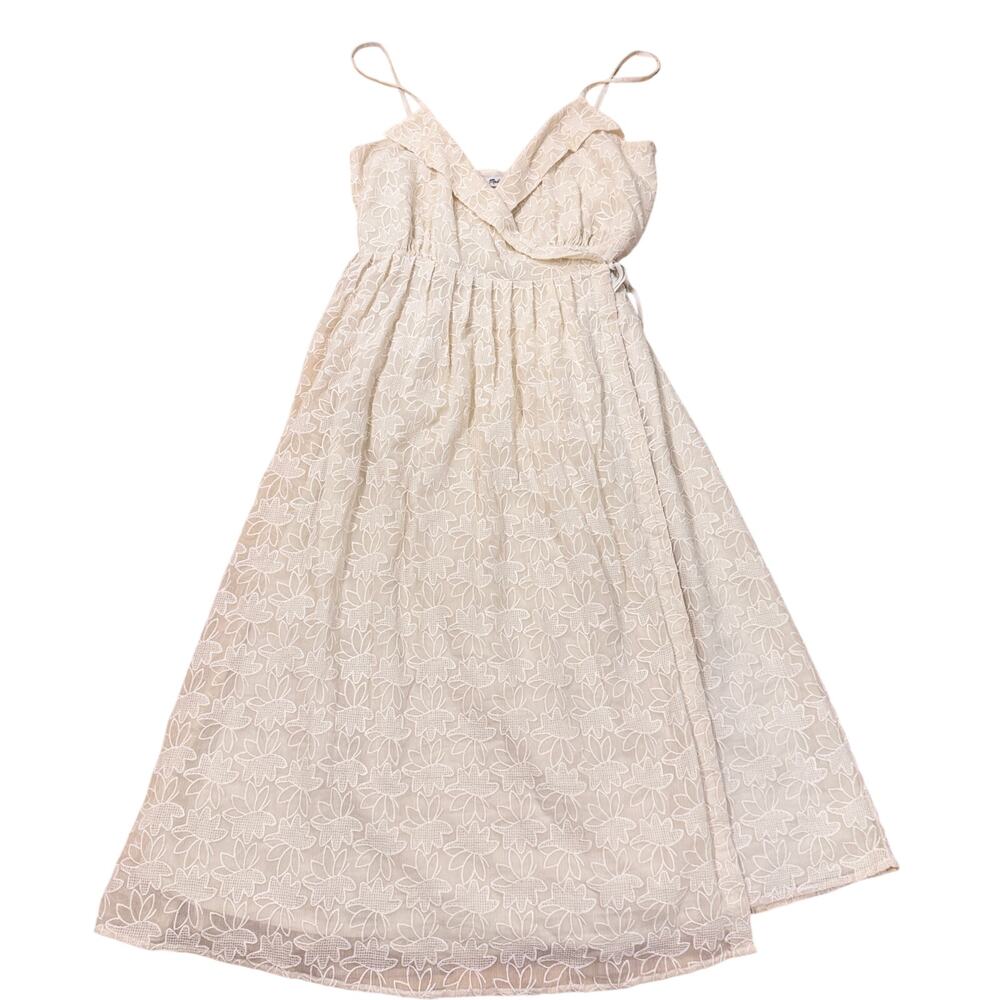 Madewell Women's Beige Floral Embroidered Spaghetti Strap Wrap Midi Dress Size L